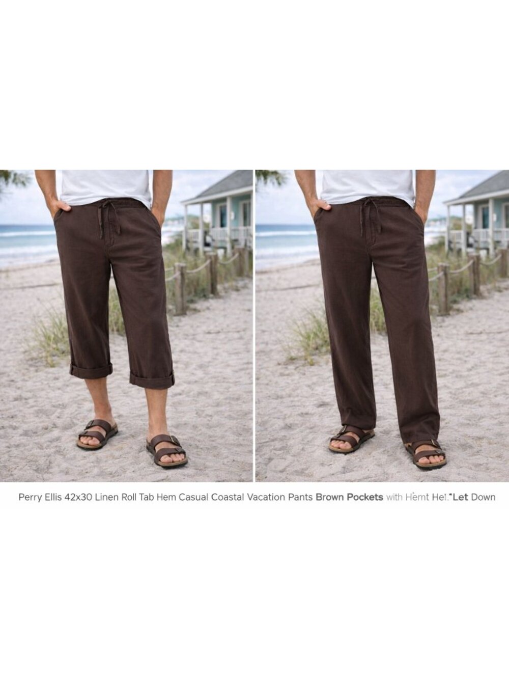 Perry Ellis Linen Pants Roll Tab Hem Casual Coastal Vacation Brown Pockets 40x32